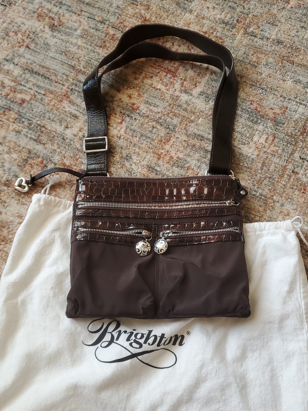 Brighton city organizer crossbody bag messenger brown patent nylon